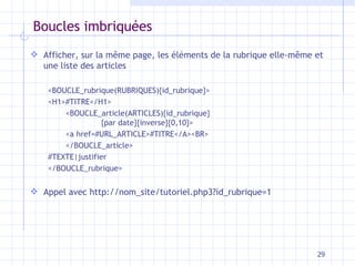 Boucles imbriquées A fficher, sur la même page, les   éléments de la rubrique elle-même  et une liste des articles <BOUCLE_rubrique(RUBRIQUES){id_rubrique}> <H1>#TITRE</H1> <BOUCLE_article(ARTICLES){id_rubrique} {par date}{inverse}{0,10}> <a href=#URL_ARTICLE>#TITRE</A><BR> </BOUCLE_article> #TEXTE|justifier </BOUCLE_rubrique> Appel avec  http://nom_site/tutoriel.php3?id_rubrique=1 