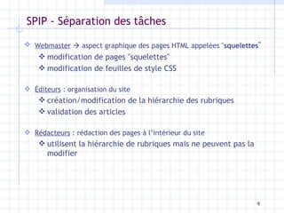 SPIP - Séparation des t âches Webmaster     aspect graphique des pages HTML appelées " squelettes " modification de pages "squelettes" modification de feuilles de style CSS Éditeurs  : organisation du site création/modification de la hiérarchie des rubriques validation des articles Rédacteurs  : rédaction des pages à l’intérieur du site utilisent la hiérarchie de rubriques mais ne peuvent pas la modifier 