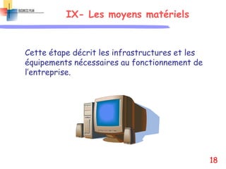 IX- Les moyens matériels
Cette étape décrit les infrastructures et les
équipements nécessaires au fonctionnement de
l’entreprise.
18
 