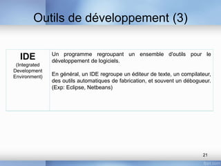 Outils de développement (3)
21
IDE
(Integrated
Development
Environment)
Un programme regroupant un ensemble d'outils pour le
développement de logiciels.
En général, un IDE regroupe un éditeur de texte, un compilateur,
des outils automatiques de fabrication, et souvent un débogueur.
(Exp: Eclipse, Netbeans)
 