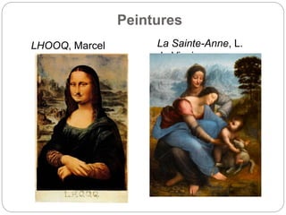 Peintures
LHOOQ, Marcel
Duchamp
La Sainte-Anne, L.
de Vinci
 