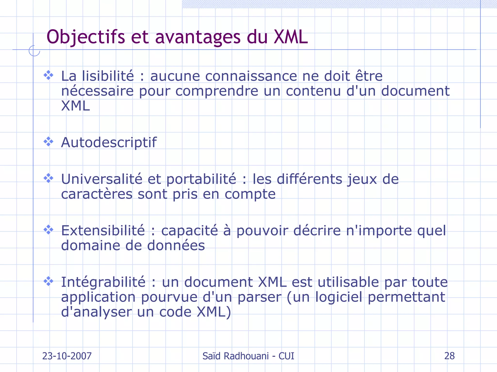 Objectifs et avantages du XML La lisibilité : aucune connaissance ne doit être nécessaire pour comprendre un contenu d'un document XML Autodescriptif Universalité et portabilité : les différents jeux de caractères sont pris en compte Extensibilité : capacité à pouvoir décrire n'importe quel domaine de données Intégrabilité : un document XML est utilisable par toute application pourvue d'un parser (un logiciel permettant d'analyser un code XML) 23-10-2007 Saïd Radhouani - CUI 