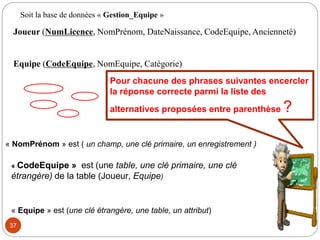 37
Soit la base de données « Gestion_Equipe »
Joueur (NumLicence, NomPrénom, DateNaissance, CodeEquipe, Ancienneté)
Equipe (CodeEquipe, NomEquipe, Catégorie)
Pour chacune des phrases suivantes encercler
la réponse correcte parmi la liste des
alternatives proposées entre parenthèse ?
« NomPrénom » est ( un champ, une clé primaire, un enregistrement )
« Equipe » est (une clé étrangère, une table, un attribut)
« CodeEquipe » est (une table, une clé primaire, une clé
étrangère) de la table (Joueur, Equipe)
 