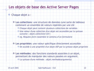 Les objets de base des Active Server Pages Chaque objet a : Les collections : une structure de données (une sorte de tableau) contenant un ensemble de valeurs repérées par une clé Chaque objet peut contenir plusieurs collections de variables Une valeur d'une collection d'un objet est accessible par la syntaxe suivante :  objet.collection("clé") eg. Request.form rassemble le contenu d’un formulaire Les propriétés : une valeur spécifique directement accessible  On accède à une propriété d'un objet ASP par la syntaxe  objet.propriete Les méthodes : des fonctions standards associées à un objet, permettant de manipuler des valeurs passées en argument.  La syntaxe d'une méthode :  objet.methode(arguments) 19 avril 2005 Saïd Radhouani - CUI 
