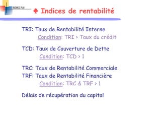 ♣ Indices de rentabilité
TRI: Taux de Rentabilité Interne
Condition: TRI > Taux du crédit
TCD: Taux de Couverture de Dette
Condition: TCD > 1
TRC: Taux de Rentabilité Commerciale
TRF: Taux de Rentabilité Financière
Condition: TRC & TRF > 1
Délais de récupération du capital
 
