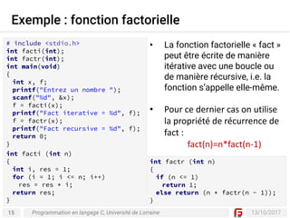 15 13/10/2017
Exemple : fonction factorielle
Programmation en langage C, Université de Lorraine
• La fonction factorielle « fact »
peut être écrite de manière
itérative avec une boucle ou
de manière récursive, i.e. la
fonction s’appelle elle-même.
• Pour	ce	dernier	cas	on	utilise	
la	propriété	de	récurrence	de	
fact :
fact(n)=n*fact(n-1)
# include <stdio.h>
int facti(int);
int factr(int);
int main(void)
{
int x, f;
printf("Entrez un nombre ");
scanf("%d", &x);
f = facti(x);
printf("Fact iterative = %d", f);
f = factr(x);
printf("Fact recursive = %d", f);
return 0;
}
int facti (int n)
{
int i, res = 1;
for (i = 1; i <= n; i++)
res = res * i;
return res;
}
int factr (int n)
{
if (n <= 1)
return 1;
else return (n * factr(n - 1));
}
 