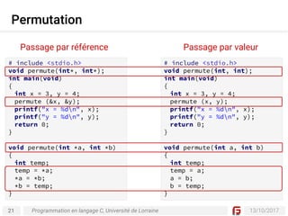 21 13/10/2017
Permutation
Programmation en langage C, Université de Lorraine
# include <stdio.h>
void permute(int*, int*);
int main(void)
{
int x = 3, y = 4;
permute (&x, &y);
printf("x = %dn", x);
printf("y = %dn", y);
return 0;
}
void permute(int *a, int *b)
{
int temp;
temp = *a;
*a = *b;
*b = temp;
}
# include <stdio.h>
void permute(int, int);
int main(void)
{
int x = 3, y = 4;
permute (x, y);
printf("x = %dn", x);
printf("y = %dn", y);
return 0;
}
void permute(int a, int b)
{
int temp;
temp = a;
a = b;
b = temp;
}
Passage par référence Passage par valeur
 