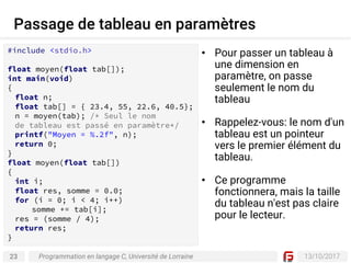 23 13/10/2017
Passage de tableau en paramètres
Programmation en langage C, Université de Lorraine
#include <stdio.h>
float moyen(float tab[]);
int main(void)
{
float n;
float tab[] = { 23.4, 55, 22.6, 40.5};
n = moyen(tab); /* Seul le nom
de tableau est passé en paramètre*/
printf("Moyen = %.2f", n);
return 0;
}
float moyen(float tab[])
{
int i;
float res, somme = 0.0;
for (i = 0; i < 4; i++)
somme += tab[i];
res = (somme / 4);
return res;
}
• Pour passer un tableau à
une dimension en
paramètre, on passe
seulement le nom du
tableau
• Rappelez-vous: le nom d'un
tableau est un pointeur
vers le premier élément du
tableau.
• Ce programme
fonctionnera, mais la taille
du tableau n'est pas claire
pour le lecteur.
 