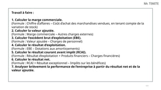 1 0 1
Mr. TIMITE
Travail à faire :
1. Calculer la marge commerciale.
(Formule : Chiffre d’affaires – Coût d’achat des marchandises vendues, en tenant compte de la
variation de stock)
2. Calculer la valeur ajoutée.
(Formule : Marge commerciale – Autres charges externes)
3. Calculer l’excédent brut d’exploitation (EBE).
(Formule : Valeur ajoutée – Charges de personnel)
4. Calculer le résultat d’exploitation.
(Formule : EBE – Dotations aux amortissements)
5. Calculer le résultat courant avant impôt (RCAI).
(Formule : Résultat d’exploitation + Produits financiers – Charges financières)
6. Calculer le résultat net.
(Formule : RCAI + Résultat exceptionnel – Impôts sur les bénéfices)
7. Analyser brièvement la performance de l’entreprise à partir du résultat net et de la
valeur ajoutée.
 