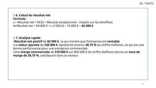 1 0 4
Mr. TIMITE
✅ 6. Calcul du résultat net
Formule :
Résultat net = RCAI + Résultat exceptionnel – Impôts sur les bénéfices
👉
Résultat net = 94 000 € + (–2 000 €) – 10 000 € =
➡️ 82 000 €
✅ 7. Analyse rapide
•Résultat net positif de 82 000 €, ce qui montre que l’entreprise est rentable.
•La valeur ajoutée de 230 000 € représente environ 28,75 % du chiffre d’affaires, ce qui est une
bonne performance pour une entreprise commerciale.
•Une marge commerciale de 310 000 € sur 800 000 € de chiffre d’affaires donne un taux de
marge de 38,75 %, satisfaisant dans ce secteur.
 