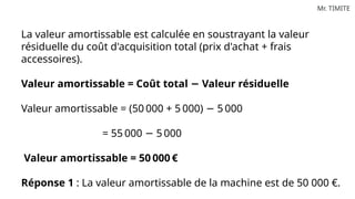 Mr. TIMITE
La valeur amortissable est calculée en soustrayant la valeur
résiduelle du coût d'acquisition total (prix d'achat + frais
accessoires).
Valeur amortissable = Coût total Valeur résiduelle
−
Valeur amortissable = (50 000 + 5 000) 5 000
−
= 55 000 5 000
−
Valeur amortissable = 50 000 €
Réponse 1 : La valeur amortissable de la machine est de 50 000 €.
 
