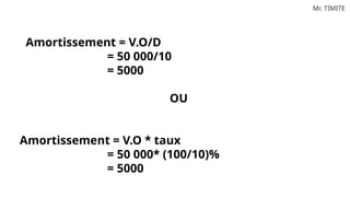 Mr. TIMITE
Amortissement = V.O/D
= 50 000/10
= 5000
OU
Amortissement = V.O * taux
= 50 000* (100/10)%
= 5000
 