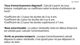 Mr. TIMITE
•Taux d'amortissement dégressif : Calculé à partir du taux
linéaire, multiplié par un coefficient selon la durée d'utilisation de
l'actif :
•Coefficient de 1,5 pour les durées de 3 ou 4 ans.
•Coefficient de 2 pour les durées de 5 ou 6 ans.
•Coefficient de 2,5 pour les durées supérieures à 7 ans.
•Base amortissable : La valeur résiduelle nette en début d'exercice
est utilisée pour calculer l'amortissement.
•Arrêt au prorata temporis : Lorsque l'amortissement calculé
dépasse la valeur résiduelle, il est ajusté pour ne pas dépasser la
valeur du bien.
 