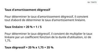 Mr. TIMITE
Taux d'amortissement dégressif
Pour déterminer le taux d'amortissement dégressif, il convient
tout d'abord de déterminer le taux d'amortissement linéaire.
Taux linéaire = 20 % = 1 / 5
Pour déterminer le taux dégressif, il convient de multiplier le taux
linéaire par un coefficient fonction de la durée d'utilisation, ici de
1,75.
Taux dégressif = 20 % x 1,75 = 35 %.
 