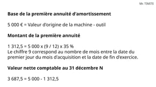 Mr. TIMITE
Base de la première annuité d'amortissement
5 000 € = Valeur d'origine de la machine - outil
Montant de la première annuité
1 312,5 = 5 000 x (9 / 12) x 35 %
Le chiffre 9 correspond au nombre de mois entre la date du
premier jour du mois d'acquisition et la date de fin d'exercice.
Valeur nette comptable au 31 décembre N
3 687,5 = 5 000 - 1 312,5
 