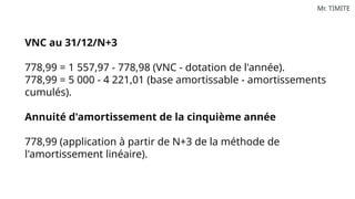 Mr. TIMITE
VNC au 31/12/N+3
778,99 = 1 557,97 - 778,98 (VNC - dotation de l'année).
778,99 = 5 000 - 4 221,01 (base amortissable - amortissements
cumulés).
Annuité d'amortissement de la cinquième année
778,99 (application à partir de N+3 de la méthode de
l'amortissement linéaire).
 