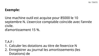 Mr. TIMITE
Exemple:
Une machine outil est acquise pour 85000 le 10
septembre N. L’exercice comptable coïncide avec l’année
civile.
d’amortissement 15 %.
T.A.F :
1. Calculer les dotations au titre de l’exercice N
2. Enregistrer au journal les amortissements (les
Dotations) de
 