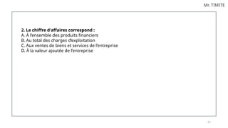 8 2
Mr. TIMITE
2. Le chiffre d'affaires correspond :
A. À l’ensemble des produits financiers
B. Au total des charges d’exploitation
C. Aux ventes de biens et services de l’entreprise
D. À la valeur ajoutée de l’entreprise
 