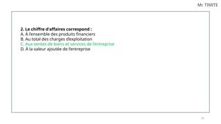 8 3
Mr. TIMITE
2. Le chiffre d'affaires correspond :
A. À l’ensemble des produits financiers
B. Au total des charges d’exploitation
C. Aux ventes de biens et services de l’entreprise
D. À la valeur ajoutée de l’entreprise
 