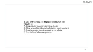 8 8
Mr. TIMITE
5. Une entreprise peut dégager un résultat net
négatif si :
A. Ses produits financiers sont trop élevés
B. Elle a un excédent brut d’exploitation trop important
C. Ses charges sont supérieures à ses produits
D. Son chiffre d’affaires augmente
 