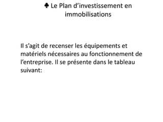 ♣ Le Plan d’investissement en
immobilisations
Il s’agit de recenser les équipements et
matériels nécessaires au fonctionnement de
l’entreprise. Il se présente dans le tableau
suivant:
 