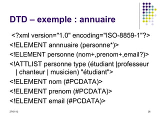 DTD – exemple : annuaire <?xml version="1.0" encoding="ISO-8859-1"?> <!ELEMENT annnuaire (personne*)> <!ELEMENT personne (nom+,prenom+,email?)> <!ATTLIST personne type (étudiant |professeur | chanteur | musicien) "étudiant"> <!ELEMENT nom (#PCDATA)> <!ELEMENT prenom (#PCDATA)> <!ELEMENT email (#PCDATA)>  