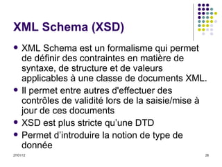 XML Schema (XSD) XML Schema est un formalisme qui permet de définir des contraintes en matière de syntaxe, de structure et de valeurs applicables à une classe de documents XML. Il permet entre autres d'effectuer des contrôles de validité lors de la saisie/mise à jour de ces documents XSD est plus stricte qu’une DTD Permet d’introduire la notion de type de donnée 