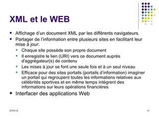 XML et le WEB Affichage d’un document XML par les différents navigateurs. Partager de l’information entre plusieurs sites en facilitant leur mise à jour: Chaque site possède son propre document Il enregistre le lien (URI) vers ce document auprès d'aggrégateur(s) de contenu Les mises à jour se font une seule fois et à un seul niveau  Efficace pour des sites portails (portails d’information) imaginer un portail qui regroupent toutes les informations relatives aux célébrités sportives et en même temps intègrent des informations sur leurs opérations financières Interfacer des applications Web 