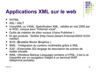 Applications XML sur le web XHTML XSL / XSLT VoiceXML ou VXML: Spécification XML, validée en mai 2000 par le W3C, conçue pour "l'internet vocal".  Outils de création de sites vocaux ( Voice Publisher  ) Et des produits : Notifier [ http://www.dexem.fr/stories/2003/12/23/notifier] SVG: ( S calable  V ector  G raphics ) SMIL :  l'intégration du contenu multimédia grâce à XML  X3D : (Extensible 3D) langage de description de scènes de réalité virtuelle WML: ( Wireless Markup Language) similaire à HTML, il est lu et interprété par un navigateur intégré à un terminal WAP (téléphone portable) 
