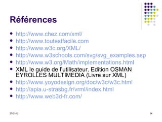Références http://www.chez.com/xml/ http:// www.toutestfacile.com http://www.w3c.org/XML/   http://www.w3schools.com/svg/svg_examples.asp http://www.w3.org/Math/ implementations.html XML le guide de l’utilisateur. Edition OSMAN EYROLLES MULTIMEDIA (Livre sur XML) http://www.yoyodesign.org/doc/w3c/w3c.html http:// apia.u-strasbg.fr / vrml / index.html   http://www.web3d-fr.com/ 