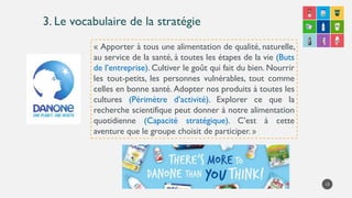 3. Le vocabulaire de la stratégie
« Apporter à tous une alimentation de qualité, naturelle,
au service de la santé, à toutes les étapes de la vie (Buts
de l’entreprise). Cultiver le goût qui fait du bien. Nourrir
les tout-petits, les personnes vulnérables, tout comme
celles en bonne santé. Adopter nos produits à toutes les
cultures (Périmètre d’activité). Explorer ce que la
recherche scientifique peut donner à notre alimentation
quotidienne (Capacité stratégique). C’est à cette
aventure que le groupe choisit de participer. »
13
 