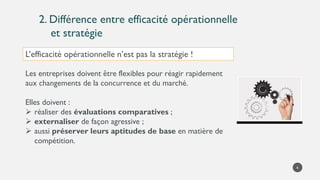 2. Différence entre efficacité opérationnelle
et stratégie
6
L’efficacité opérationnelle n’est pas la stratégie !
Les entreprises doivent être flexibles pour réagir rapidement
aux changements de la concurrence et du marché.
Elles doivent :
➢ réaliser des évaluations comparatives ;
➢ externaliser de façon agressive ;
➢ aussi préserver leurs aptitudes de base en matière de
compétition.
 