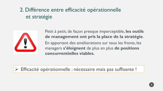2. Différence entre efficacité opérationnelle
et stratégie
8
Petit à petit, de façon presque imperceptible, les outils
de management ont pris la place de la stratégie.
En apportant des améliorations sur tous les fronts, les
managers s’éloignent de plus en plus de positions
concurrentielles viables.
➢ Efficacité opérationnelle : nécessaire mais pas suffisante !
 