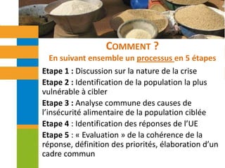 Préparation conjointe d’un cadre commun Humanitaire-DéveloppementJHDF : Quels acteurs impliqués ?Délégations de l’UE et experts de ECHO Avec l’appui du siège (DEVCO, ECHO)Si possible, en collaboration avec d’autres donateurs et partenairesPrincipes à respecter :Un exercice “décentralisé”