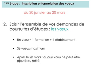 1ere étape : Inscription et formulation des voeux
du 20 janvier au 20 mars
2. Saisir l’ensemble de vos demandes de
poursuites d’études : les vœux
• Un vœu = 1 formation + 1 établissement
• 36 vœux maximum
• Après le 20 mars : aucun vœu ne peut être
ajouté ou retiré
 