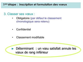 3. Classer ses vœux :
• Obligatoire (par défaut le classement
chronologique sera retenu)
• Confidentiel
• Classement modifiable
1ere étape : Inscription et formulation des voeux
► Déterminant : un vœu satisfait annule les
vœux de rang inférieur
 
