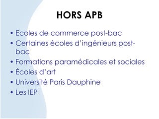 HORS APB
• Ecoles de commerce post-bac
• Certaines écoles d’ingénieurs post-
bac
• Formations paramédicales et sociales
• Écoles d’art
• Université Paris Dauphine
• Les IEP
 