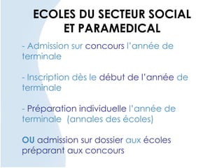 ECOLES DU SECTEUR SOCIAL
ET PARAMEDICAL
- Admission sur concours l’année de
terminale
- Inscription dès le début de l’année de
terminale
- Préparation individuelle l’année de
terminale (annales des écoles)
OU admission sur dossier aux écoles
préparant aux concours
 