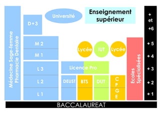 BACCALAUREAT
+ 1
+ 2
+ 3
+ 4
+ 5
+
et
+6
BTS DUTDEUST
L 1
L 2
L 3
M 1
M 2
D+3
C
P
G
E
Lycée
Université
Lycée
Ecoles
Spécialisées
MédecineSage-femme
PharmacieDentaire
IUT
Enseignement
supérieur
Licence Pro
 