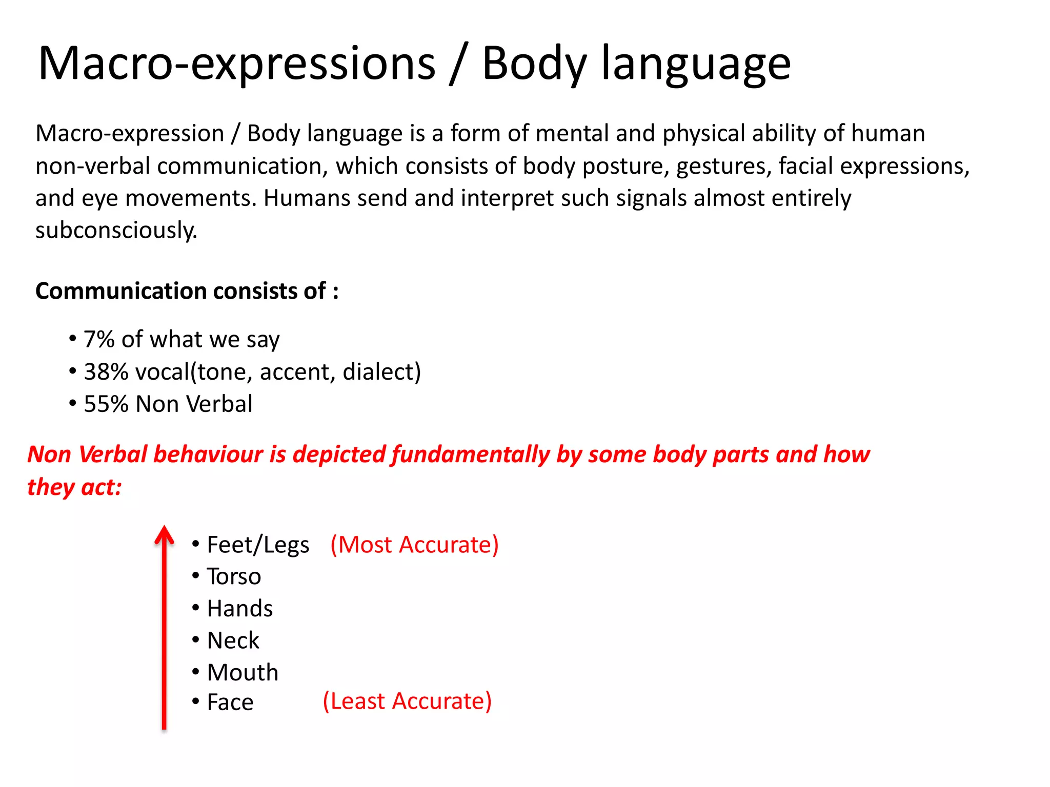 Macro-expressions / Body language 
Macro-expression / Body language is a form of mental and physical ability of human 
non-verbal communication, which consists of body posture, gestures, facial expressions, 
and eye movements. Humans send and interpret such signals almost entirely 
subconsciously. 
Communication consists of : 
• 7% of what we say 
• 38% vocal(tone, accent, dialect) 
• 55% Non Verbal 
Non Verbal behaviour is depicted fundamentally by some body parts and how 
they act: 
• Feet/Legs (Most Accurate) 
• Torso 
• Hands 
• Neck 
• Mouth 
• Face (Least Accurate) 
 