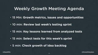Weekly Growth Meeting Agenda
• 15 Min: Growth metrics, issues and opportunities
• 10 min: Review last week’s testing sprin...