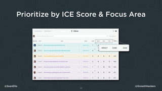 Prioritize by ICE Score & Focus Area
17
@SeanEllis @GrowthHackers
 