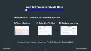 24
@SeanEllis @GrowthHackers
Join GH Projects Private Beta
at Projects.GrowthHackers.com
Purpose-Built Growth Collaboratio...