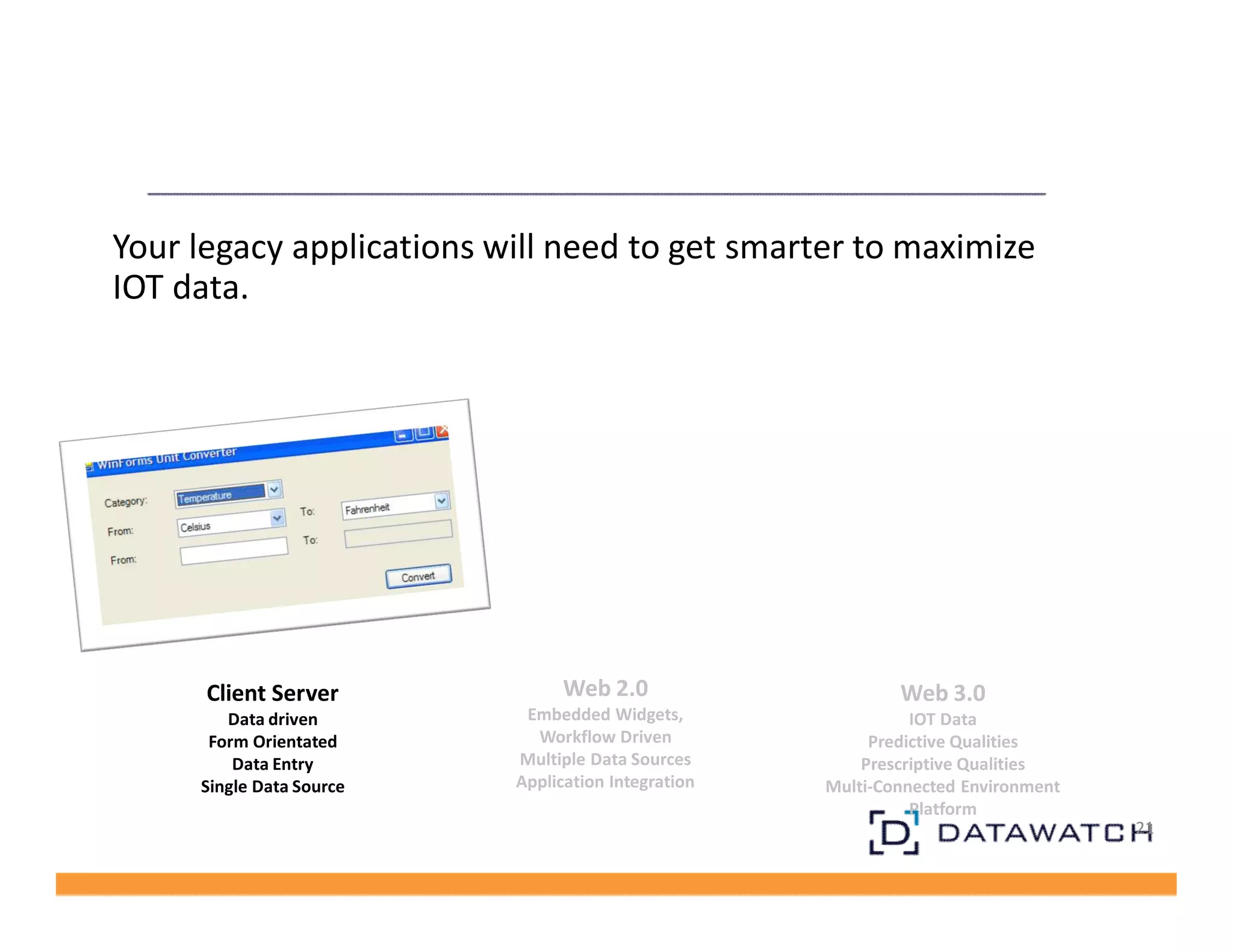 21 
Your legacy applications will need to get smarter to maximize 
IOT data. 
Client Server 
Data driven 
Form Orientated 
Data Entry 
Single Data Source 
Web 2.0 
Embedded Widgets, 
Workflow Driven 
Multiple Data Sources 
Application Integration 
Web 3.0 
IOT Data 
Predictive Qualities 
Prescriptive Qualities 
Multi-Connected Environment 
Platform 
 