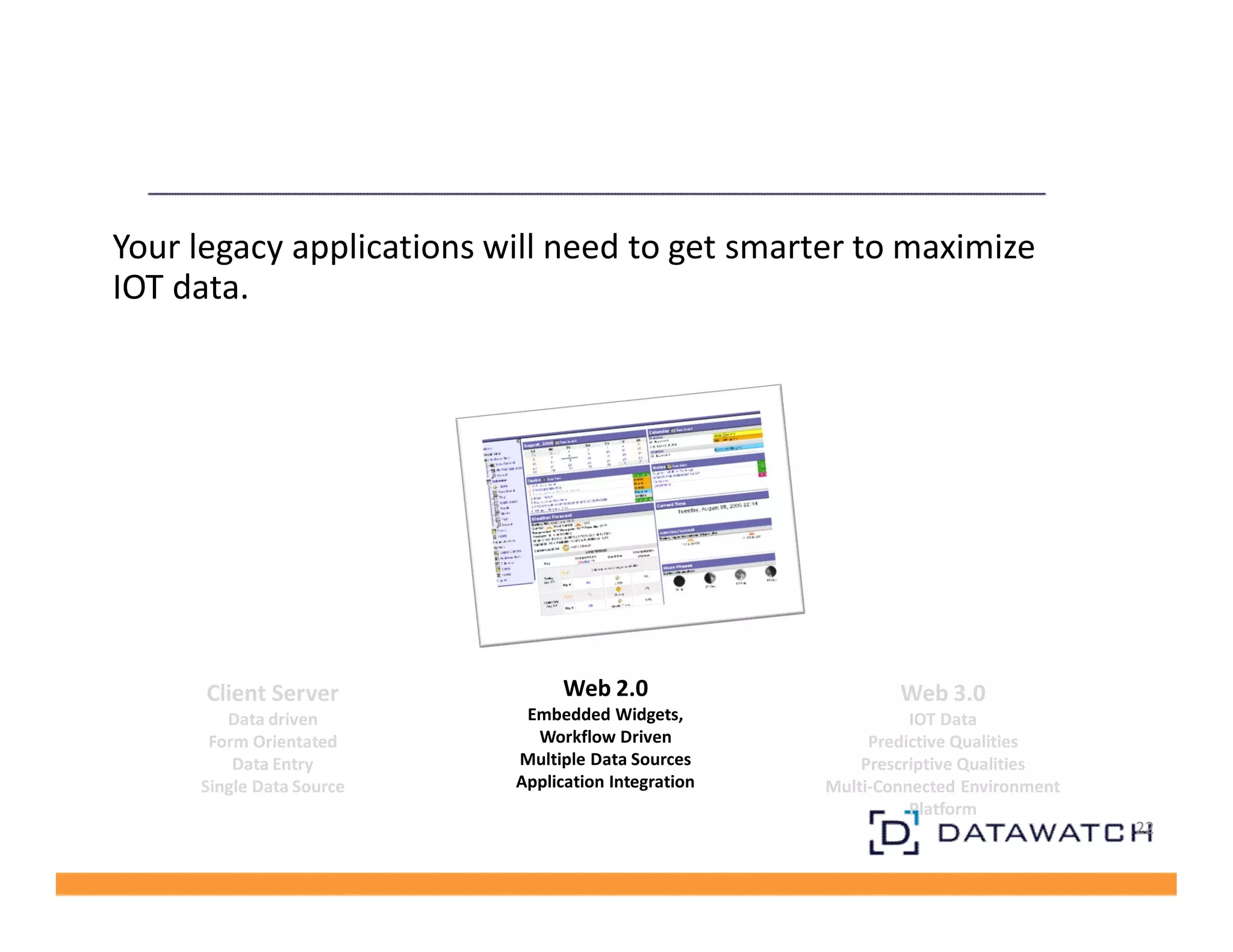 22 
Your legacy applications will need to get smarter to maximize 
IOT data. 
Client Server 
Data driven 
Form Orientated 
Data Entry 
Single Data Source 
Web 2.0 
Embedded Widgets, 
Workflow Driven 
Multiple Data Sources 
Application Integration 
Web 3.0 
IOT Data 
Predictive Qualities 
Prescriptive Qualities 
Multi-Connected Environment 
Platform 
 