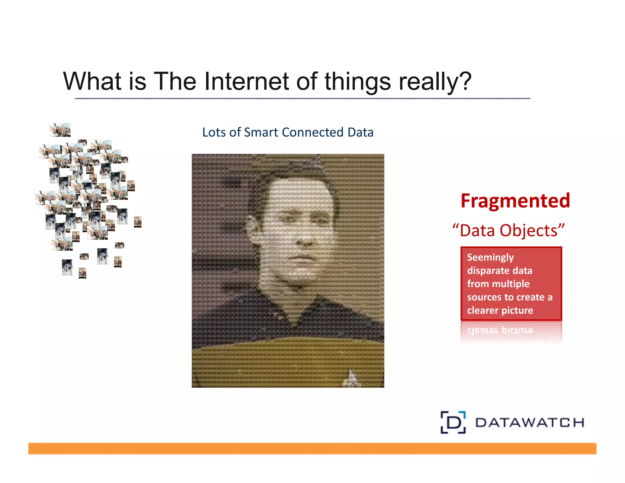 What is The Internet of things really? 
Lots of Smart Connected Data 
Fragmented 
“Data Objects” 
Seemingly 
disparate data 
from multiple 
sources to create a 
clearer picture 
 