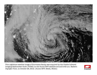 This nighttime satellite image of Hurricane Sandy was acquired by the Visible Infrared
Imaging Radiometer Suite (VIIRS) on the Suomi NPP satellite around 2:42 a.m. Eastern
Daylight Time, on October 28, 2012. (Suomi NPP, NASA, NOAA)
 