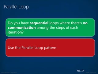 © Copyright 2012 Avanade Inc. All Rights Reserved. Confidential For Internal Use Only
No. 17
Do you have sequential loops where there's no
communication among the steps of each
iteration?
Use the Parallel Loop pattern
 
