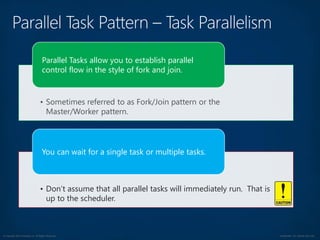 © Copyright 2012 Avanade Inc. All Rights Reserved. Confidential For Internal Use Only
• Sometimes referred to as Fork/Join pattern or the
Master/Worker pattern.
Parallel Tasks allow you to establish parallel
control flow in the style of fork and join.
• Don’t assume that all parallel tasks will immediately run. That is
up to the scheduler.
You can wait for a single task or multiple tasks.
 