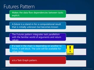 © Copyright 2012 Avanade Inc. All Rights Reserved. Confidential For Internal Use Only
Makes the data flow dependencies between tasks
explicit.
A future is a stand-in for a computational result
that is initially unknown but becomes known
The Futures pattern integrates task parallelism
with the familiar world of arguments and return
values
If a task in the chain is depending on another to
finish, it will block. The core will be available for
other tasks.
a.k.a Task Graph pattern.
 